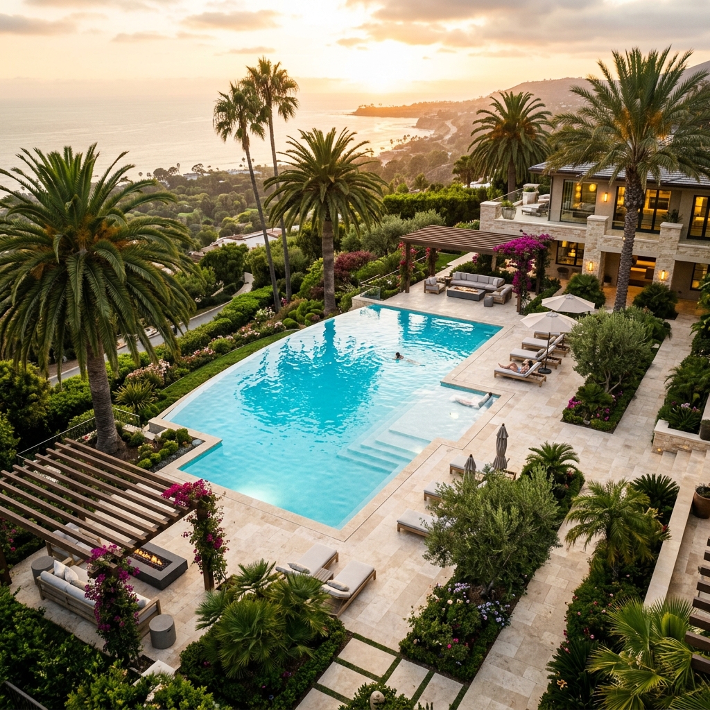 Luxury pool with palm trees at sunset