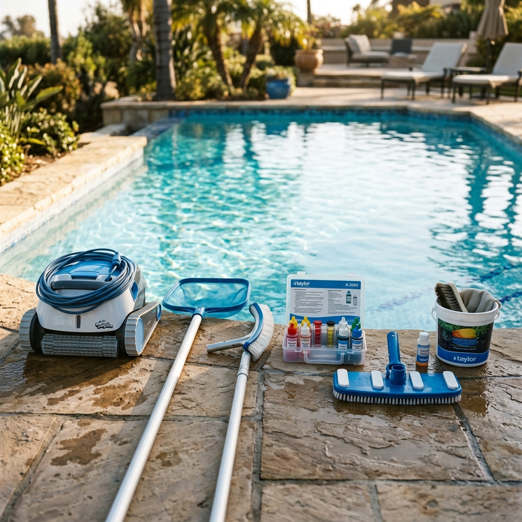 Professional pool cleaning equipment laid out by the pool